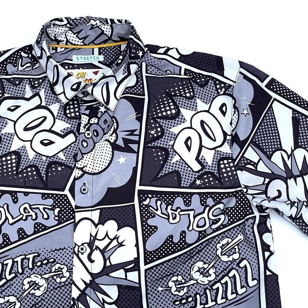 OH SNAP Drill Clothing Shirt Mens M Black Grey Comic Strip Pop Art S/S Button Up